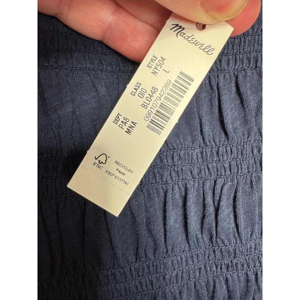 Madewell Large Smocked Boatneck Top Midnight Navy Cotton Puff Sleeves Ruffle NWT